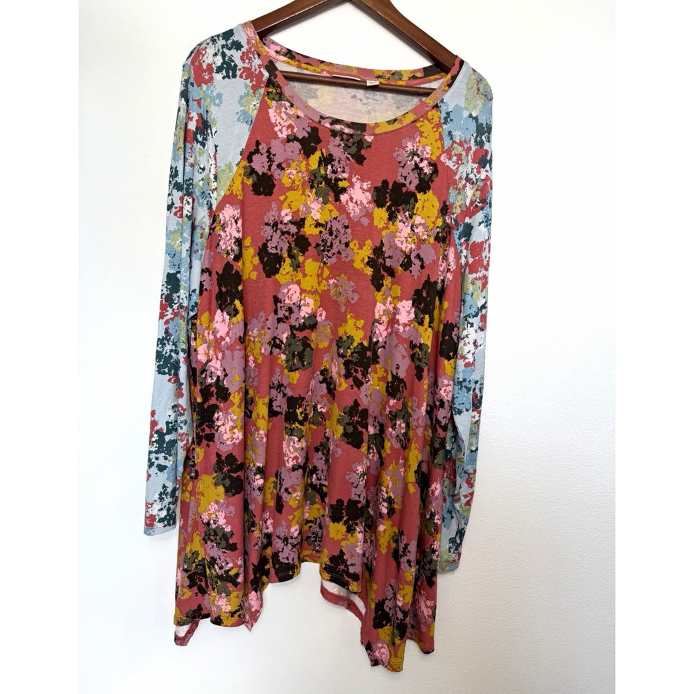 LOGO by Lori Goldstein Plus Size 2X Pink Floral Raglan Long Sleeve Tunic Top